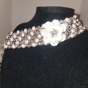 Handmade Faux Pearl Crystal Flower Choker Necklace Iridescent Statement Bridal